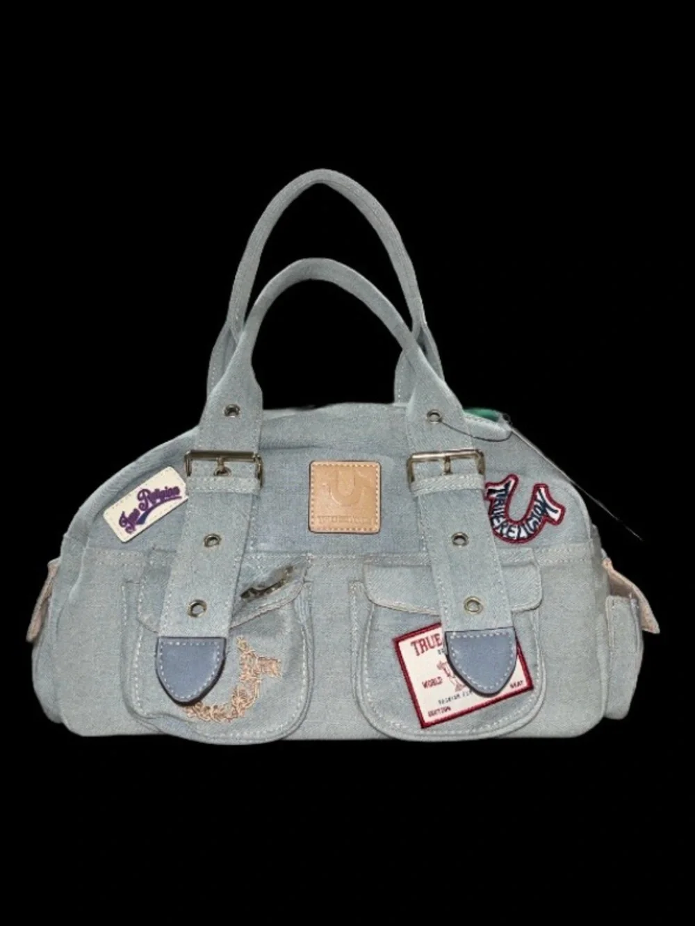 True Religion Light Blue Denim Multi Patch Satchel Bag Shoulder Purse